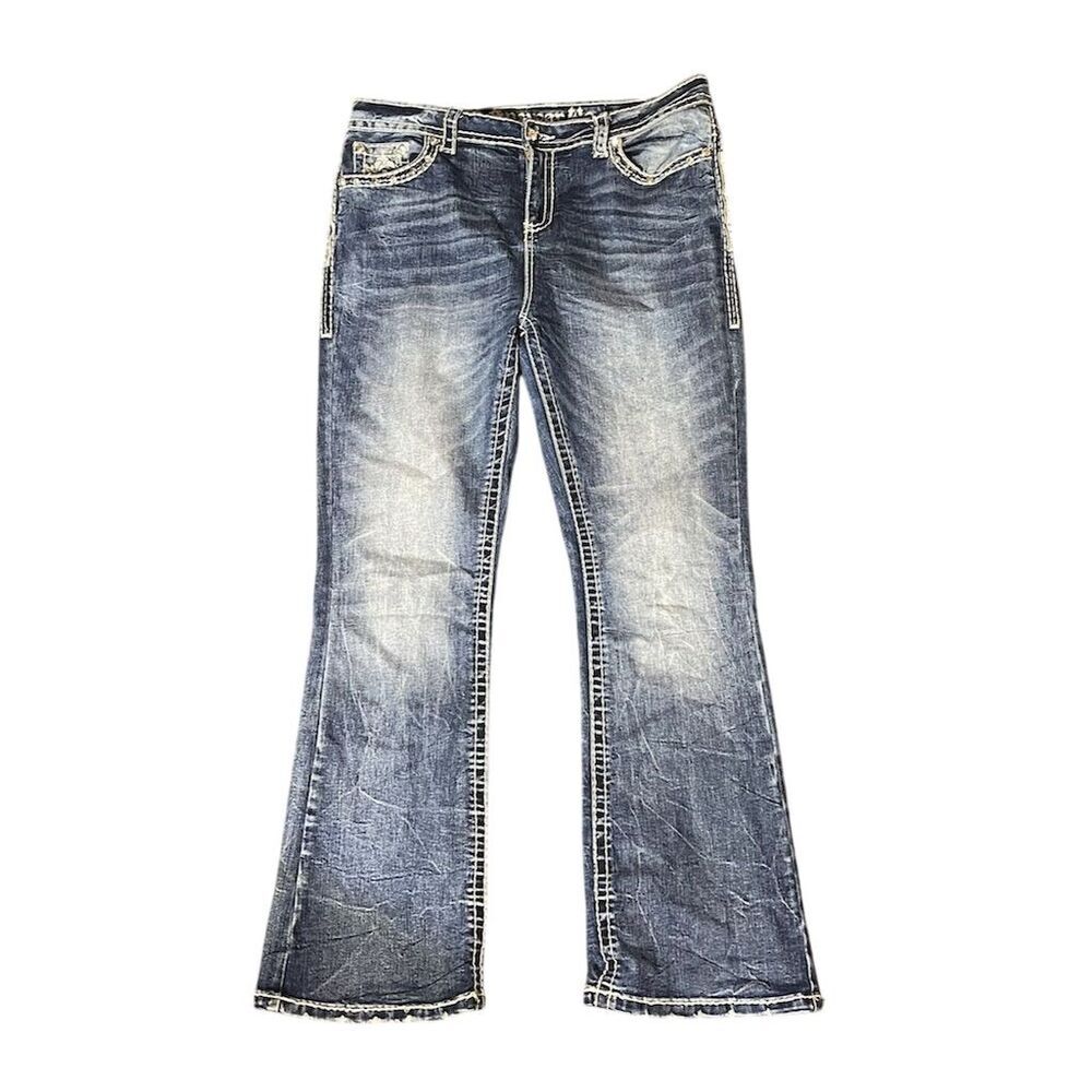 Women's Answer Me Flared Jeans Size 15 Blue Studded Distressed Denim